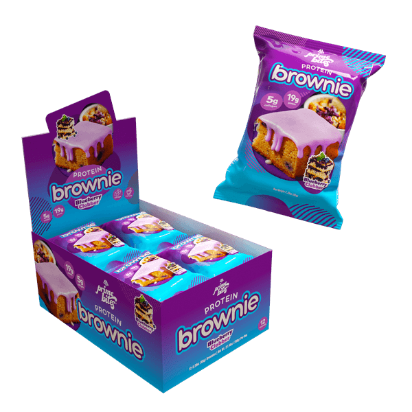 Protein brownies in a colorful box, highlighting convenience and nutritious snack options.