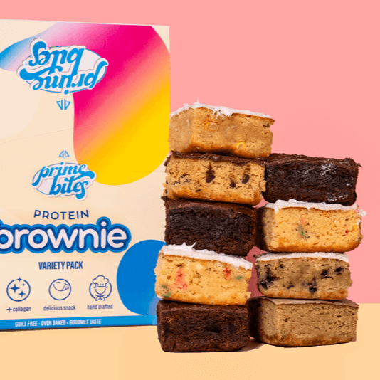 Prime Bites variety bundle featuring protein brownies, delicious snacks with collagen and gourmet taste.