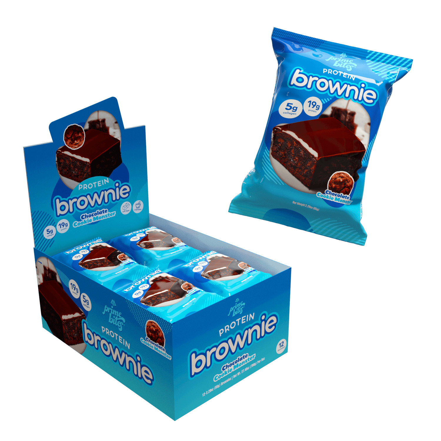 Protein brownie box with chocolate flavor showcasing individual packs, featuring 19g protein and delicious taste.