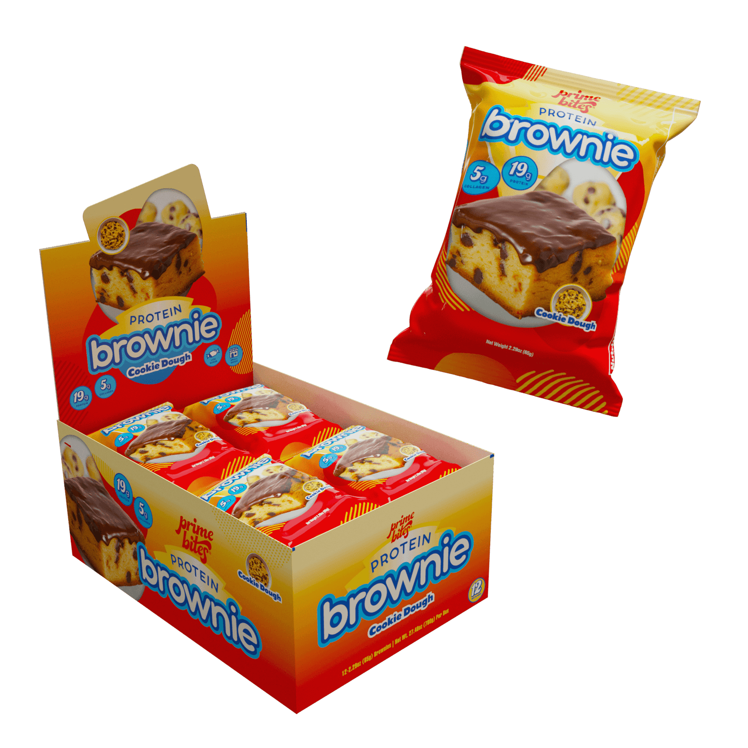 Protein brownie box featuring cookie dough flavor with 19g protein, individually wrapped for convenience.