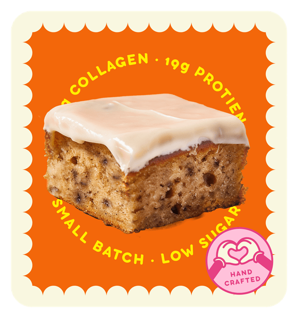 Handcrafted banana nut dessert with icing, 19g protein, low sugar, and collagen.