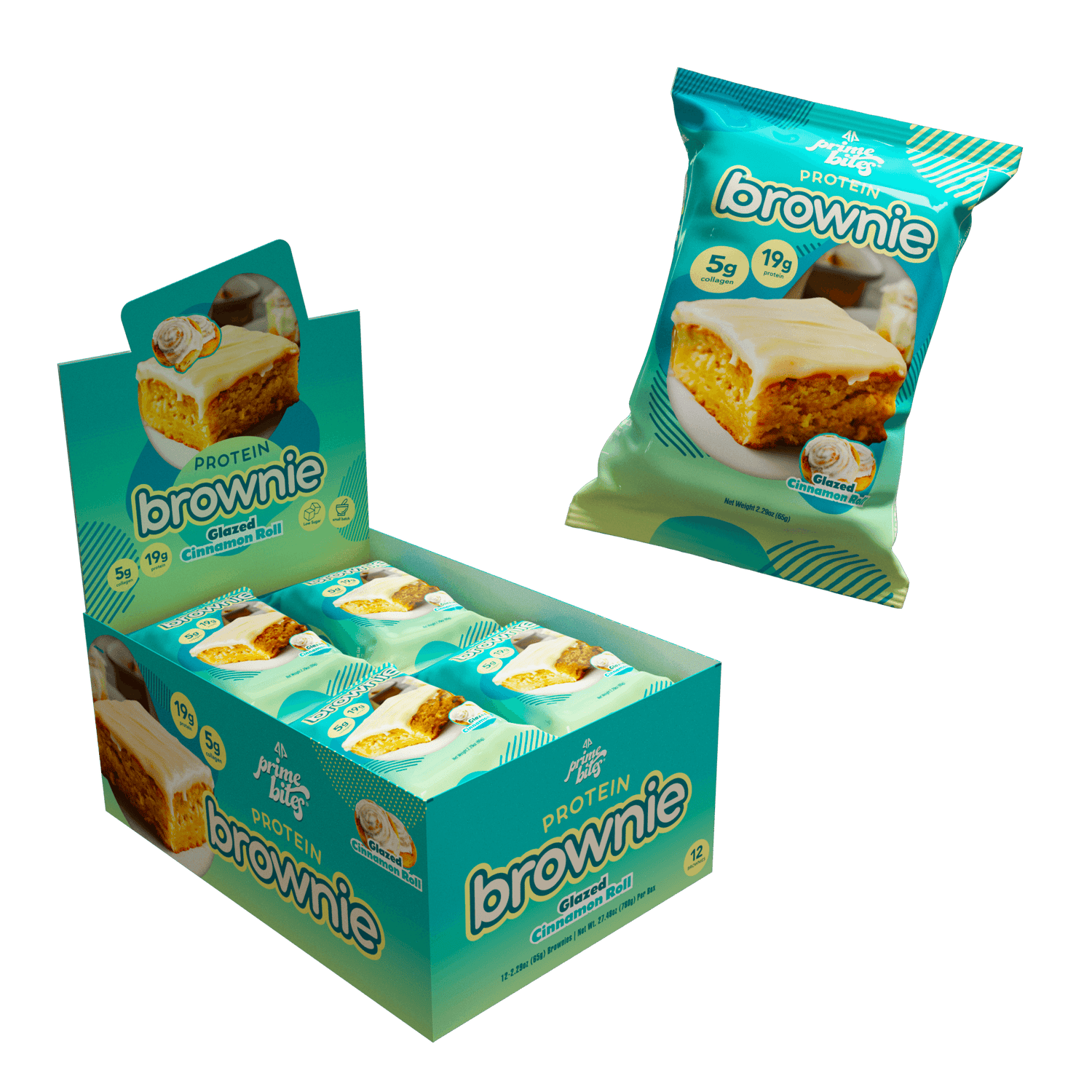 Protein brownie box with individually wrapped cinnamon roll flavored blondies, showcasing nutrition and deliciousness.