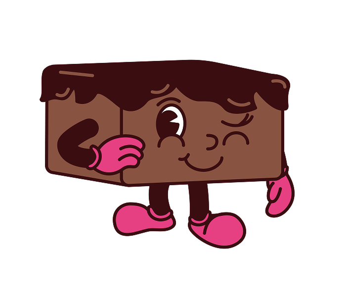Cartoon brownie character with a wink and playful pose, featuring chocolate frosting and pink gloves.
