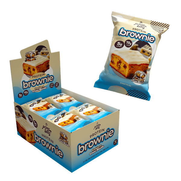 Delicious protein brownie packaging showcasing creamy cookies and cream flavor, rich and nutritious snack option.
