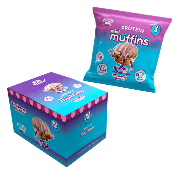 Blueberry Mini Muffins by Prime Bites, protein-packed with juicy blueberries and low sugar, perfect for a guilt-free treat.