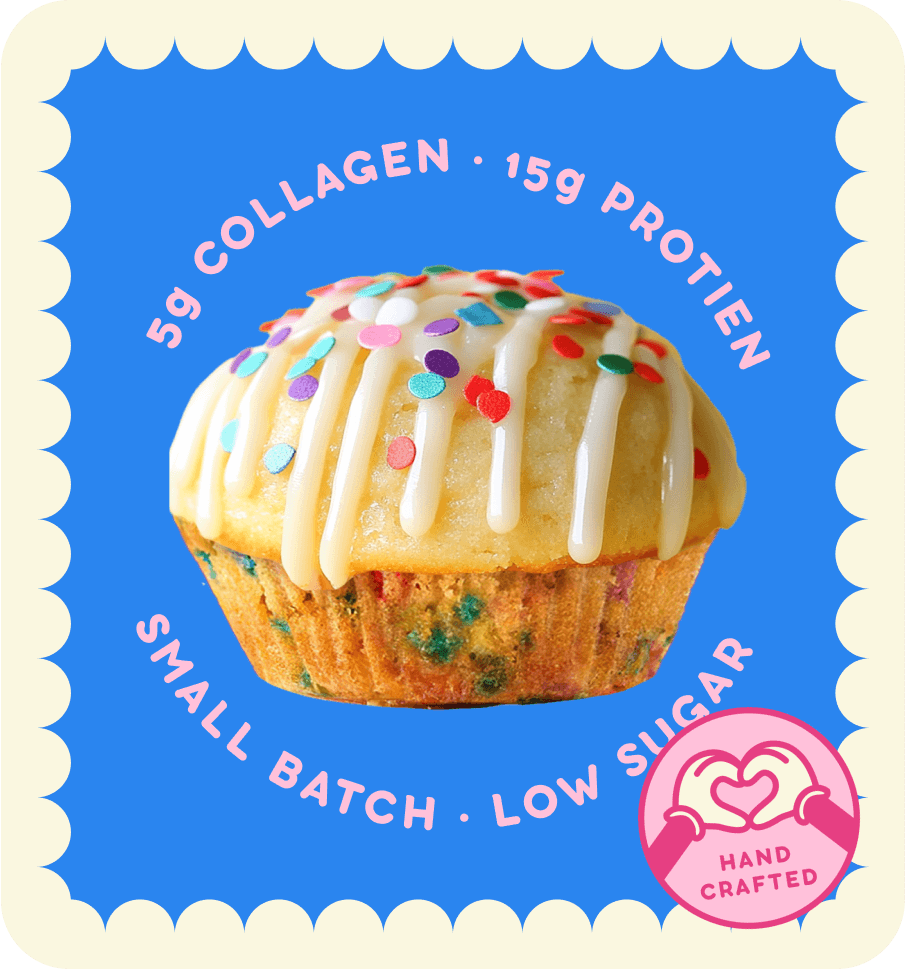 Birthday Cake Mini Muffin from Prime Bites, featuring 15g protein, 5g collagen, and low sugar for guilt-free indulgence.