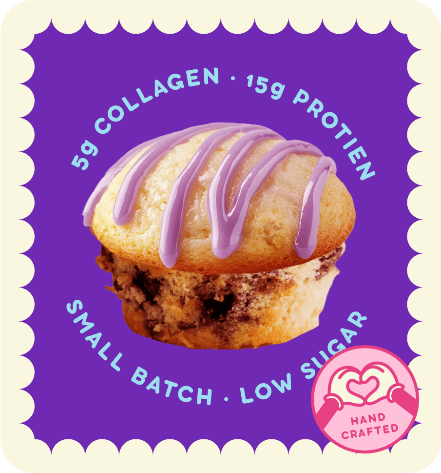 Blueberry mini muffin with 15g protein and 5g collagen by Prime Bites, handcrafted in a small batch with low sugar.