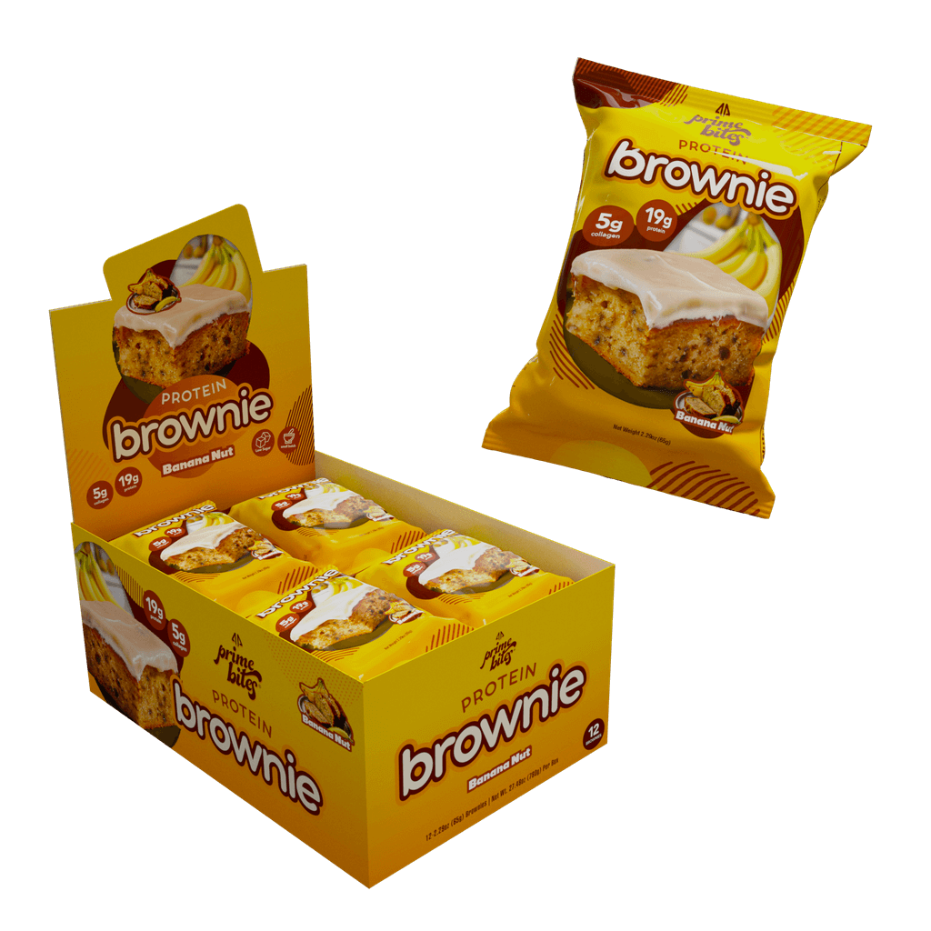 Box of Banana Nut protein brownies featuring individual packaging with banana graphics and nutritional highlights.