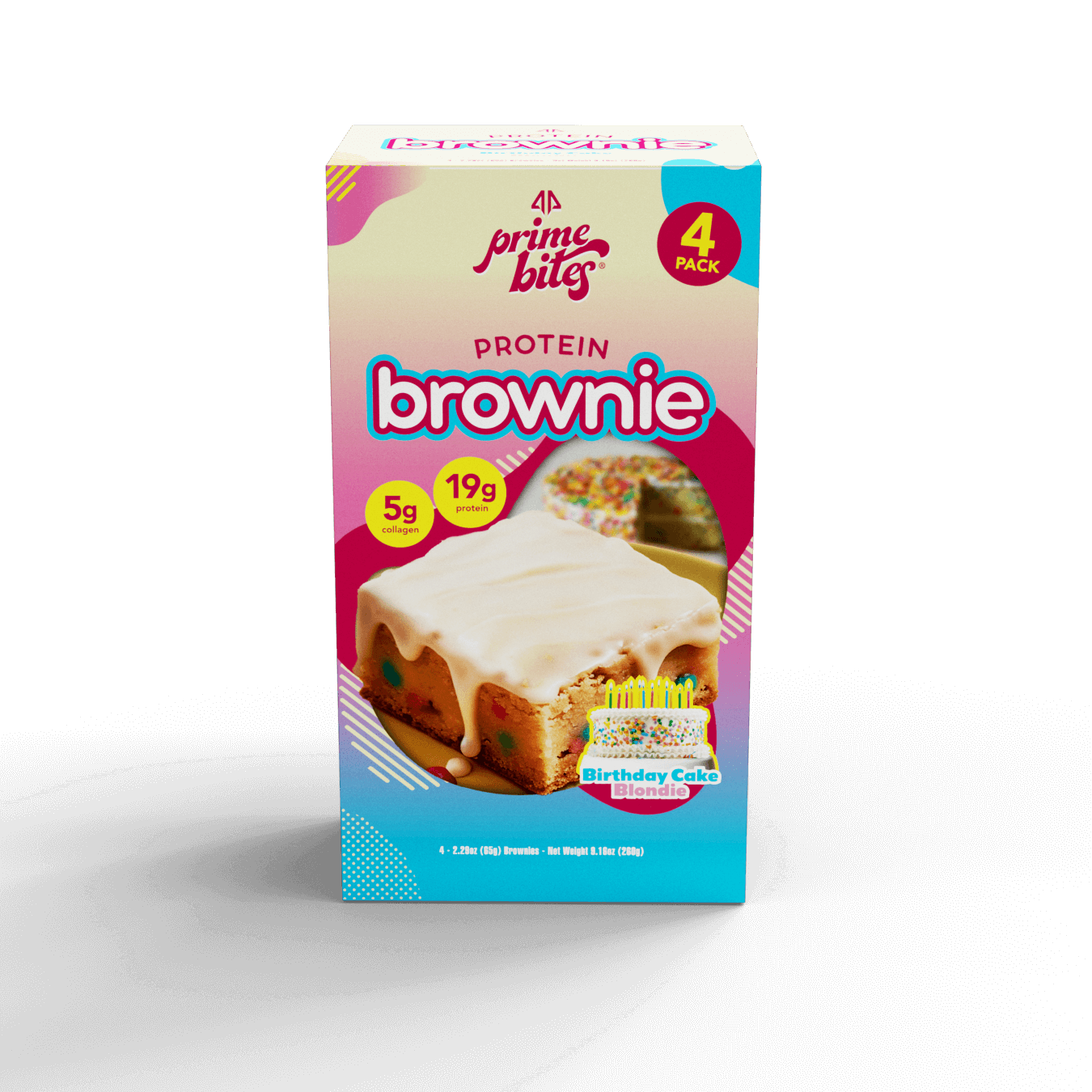 Prime Bites Birthday Cake Blondie Box includes 4 protein brownies, each with 19g protein and colorful sprinkles.