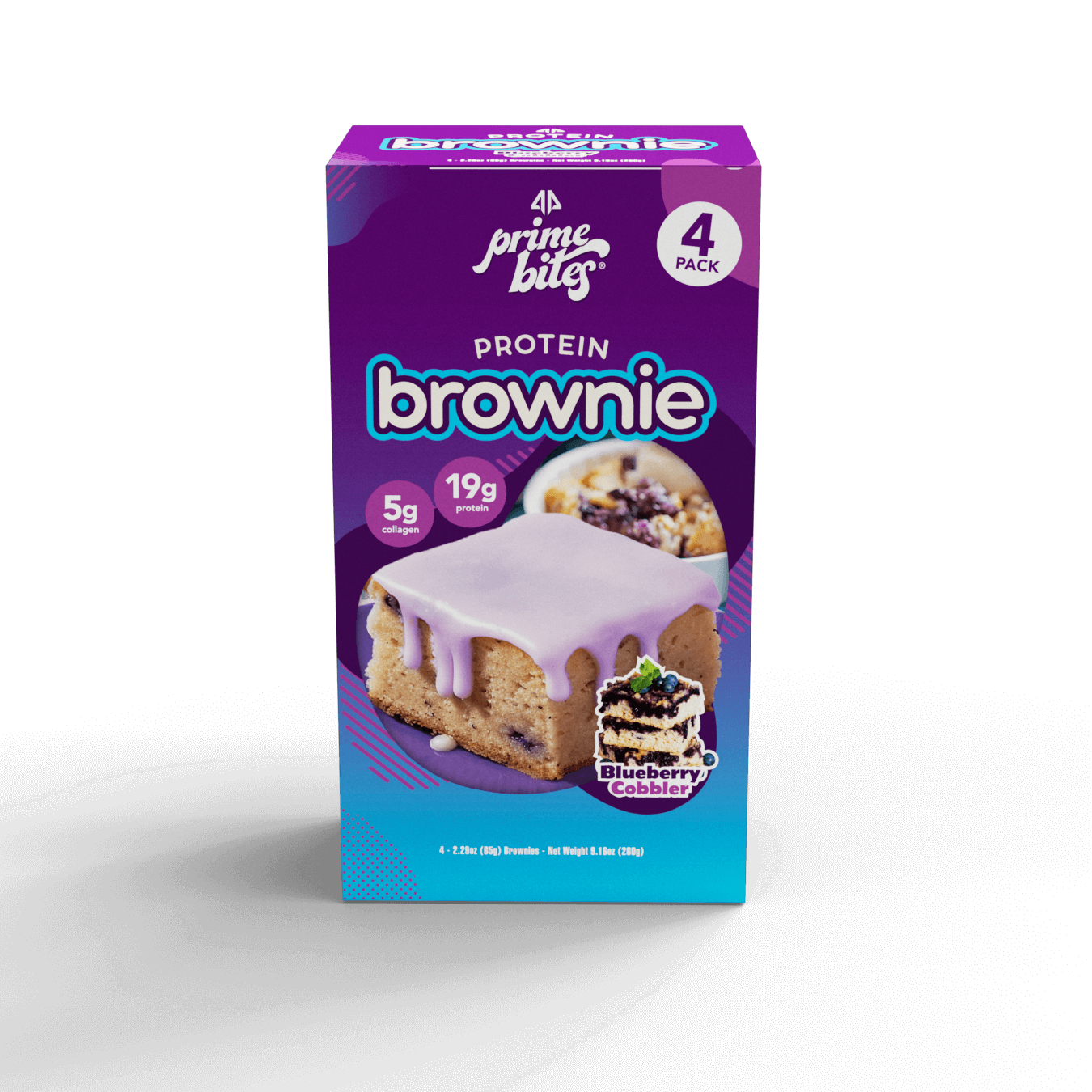 Blueberry Cobbler Box by Prime Bites, featuring protein brownies in a 4-pack with blueberry flavor.