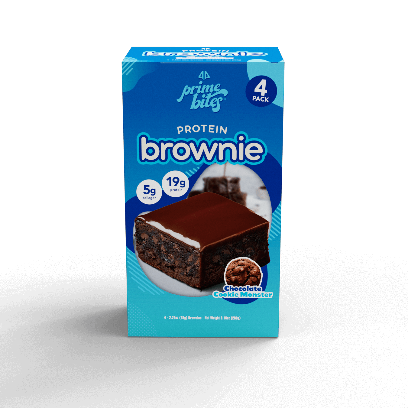 Chocolate Cookie Monster protein brownie box with four brownies, featuring 19g of protein per serving.