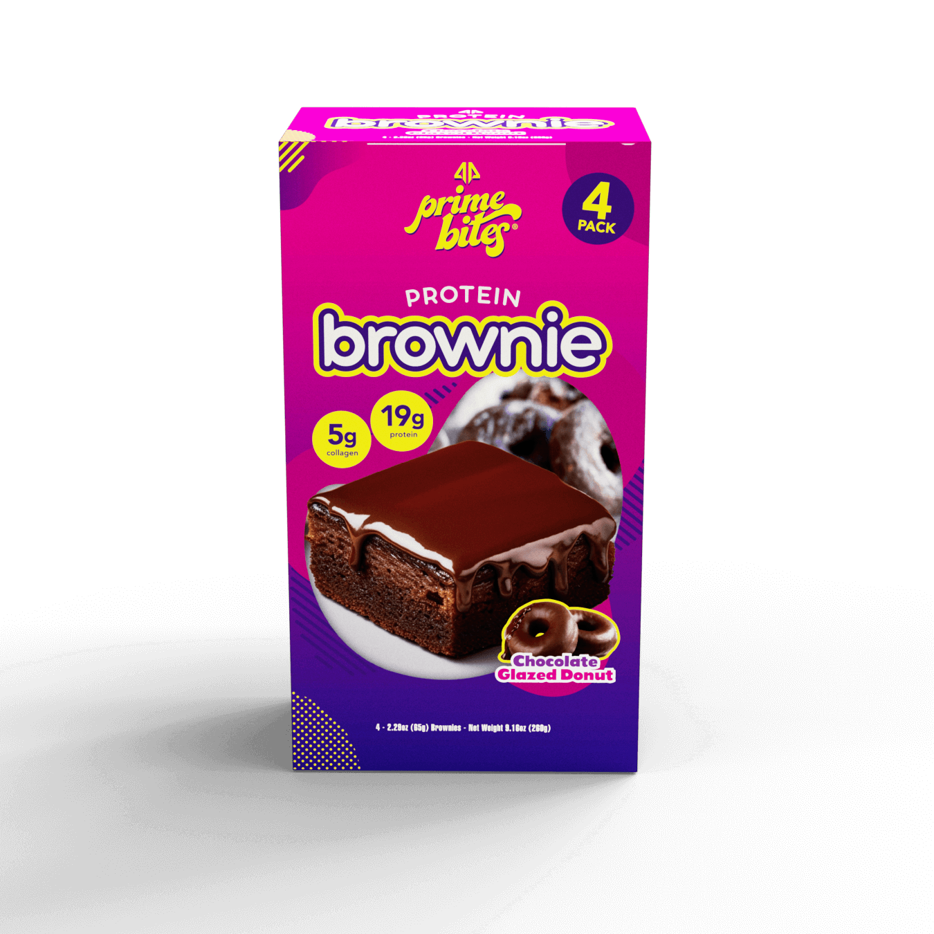 Glazed Chocolate Donut Brownie Box by Prime Bites, featuring 4 protein brownies with 5g protein per serving.