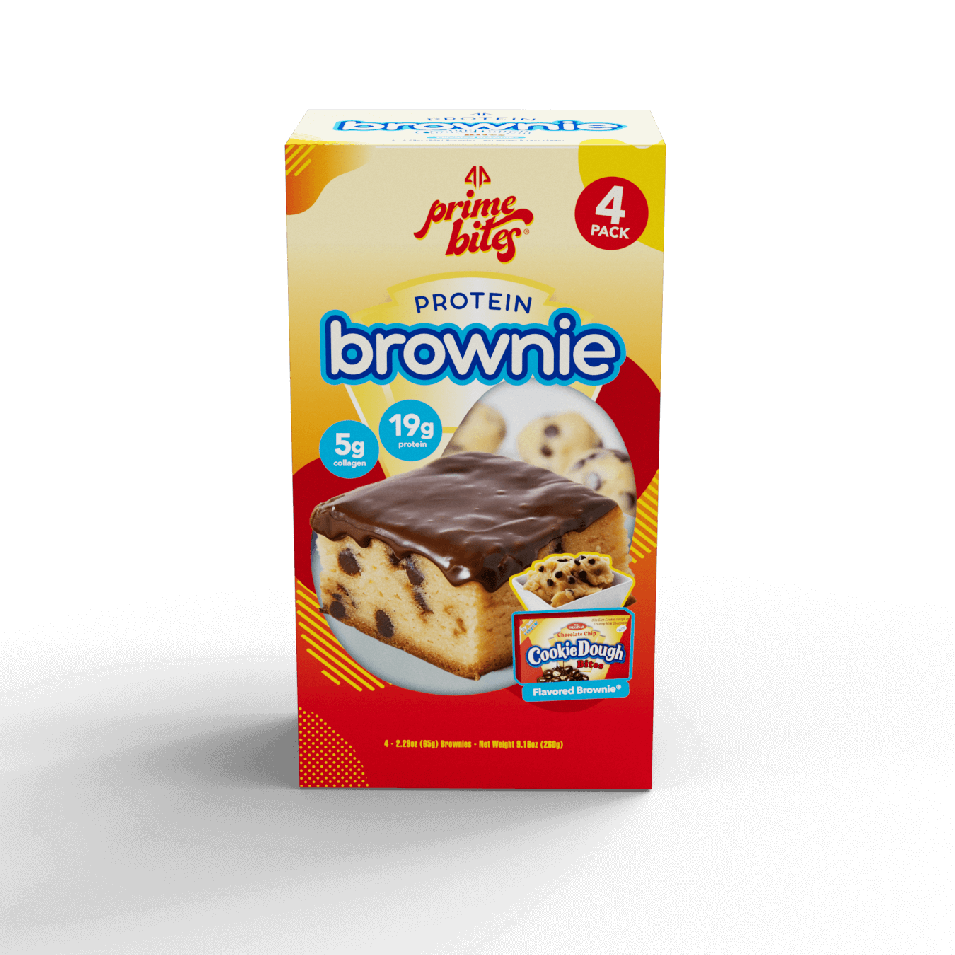 Prime Bites Cookie Dough protein brownie box with 4 delicious servings, featuring 19g protein and 5g sugar.