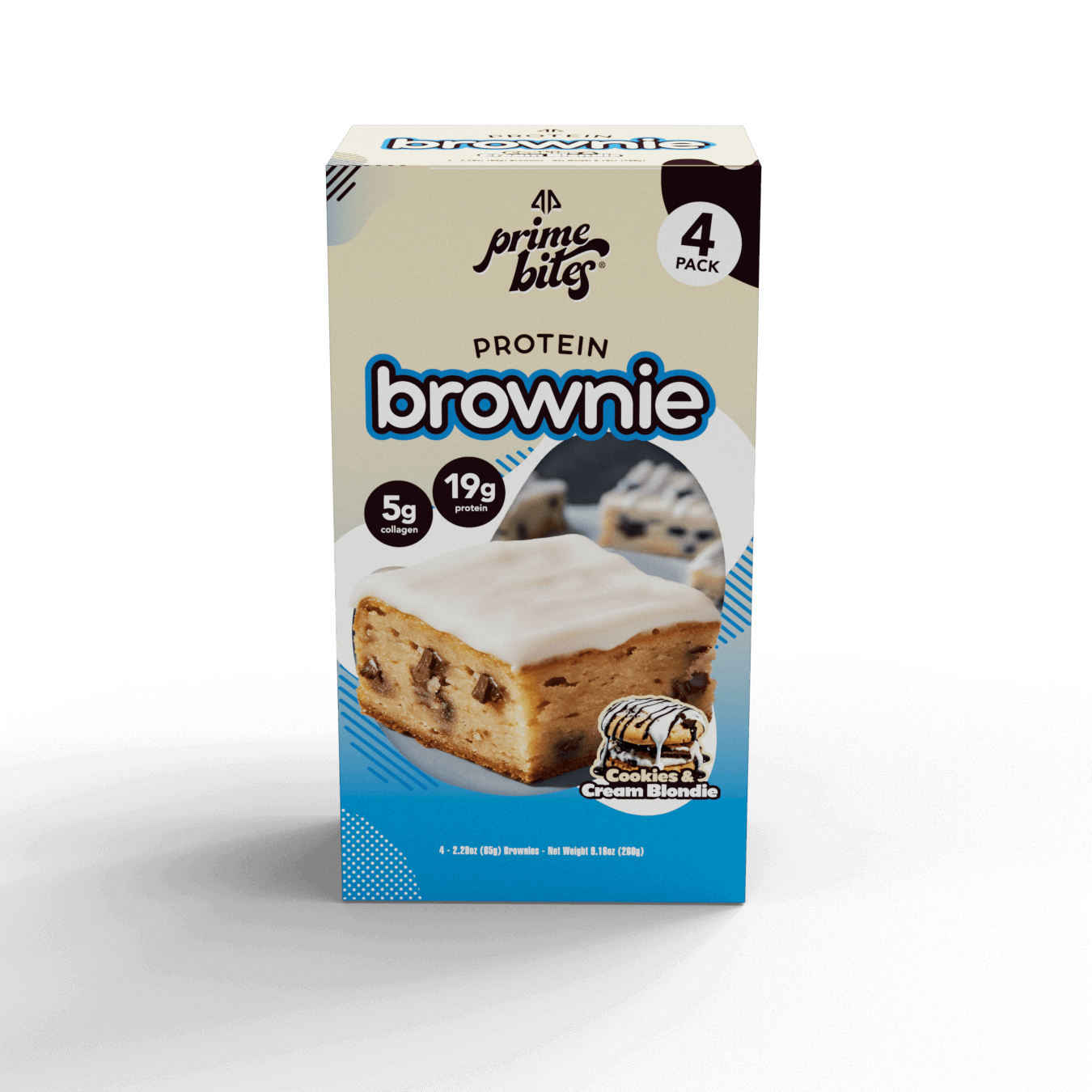 Prime Bites Cookies & Cream Blondie Box, 4 pack of protein brownies, 5g sugar, 19g protein per blondie.