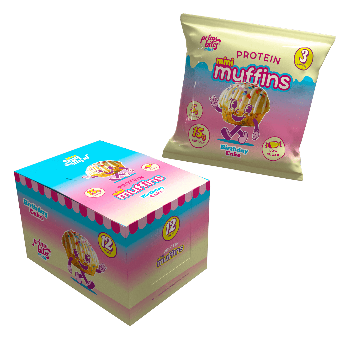 Prime Bites Birthday Cake Mini Muffins packaging, featuring 12 soft muffins with 15g protein and low sugar.