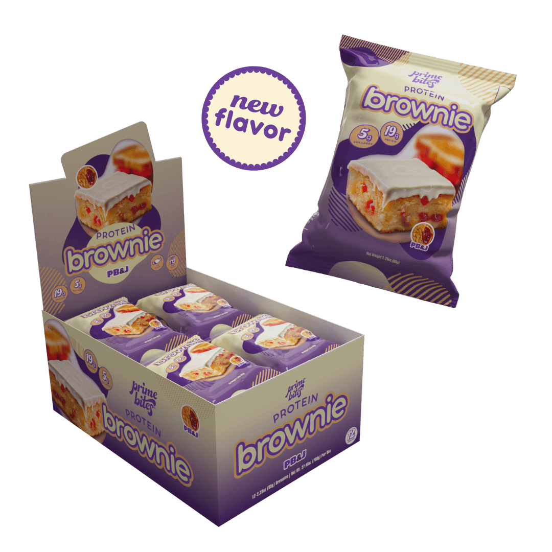 Protein brownie box with new flavor label, showcasing individual packaging and delicious dessert option with 19g protein.