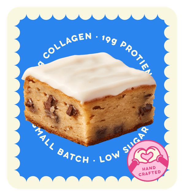 Delicious Cookies & Cream Blondie with frosting, rich in collagen and 19g protein, low sugar, handcrafted snack.