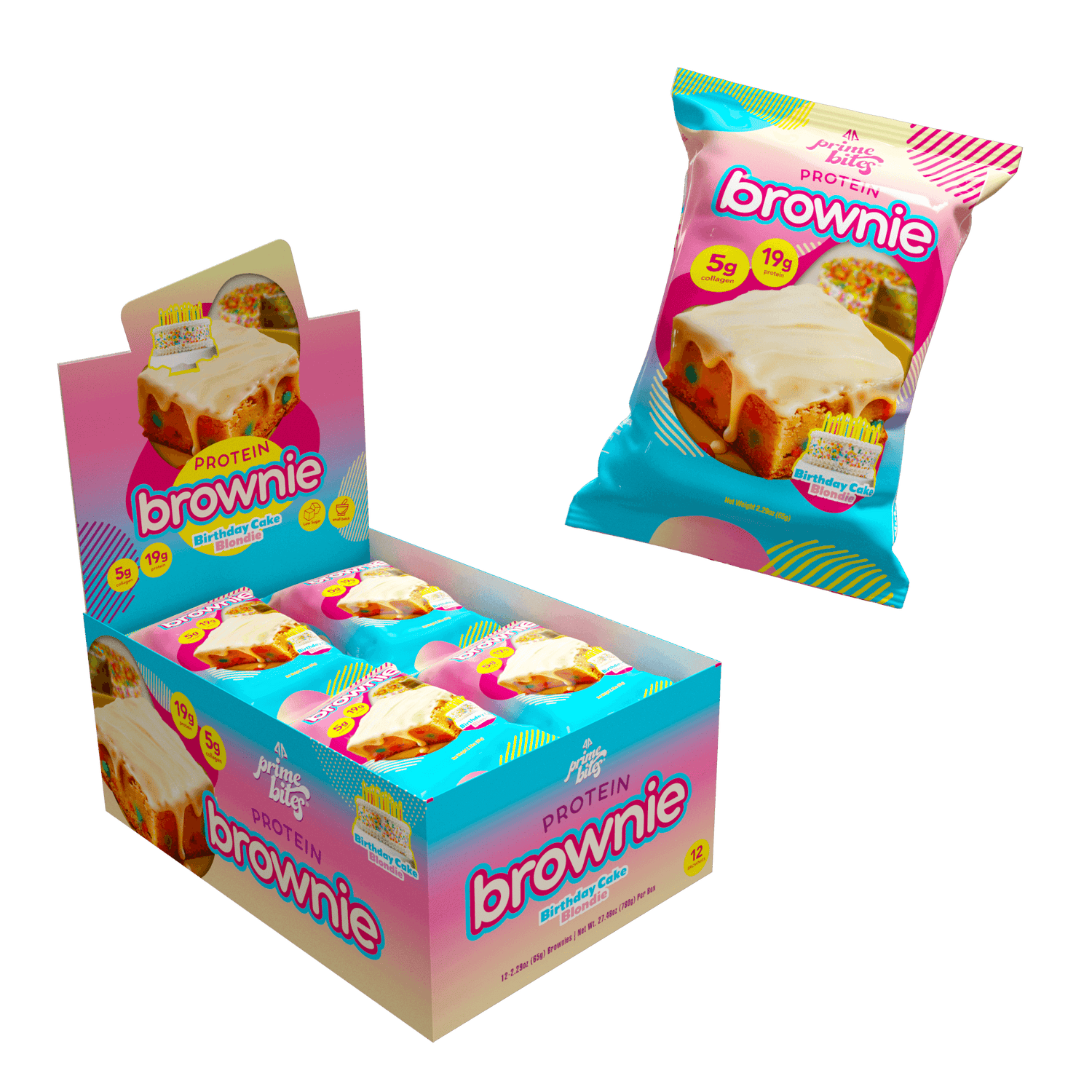 Colorful packaging of protein brownie snacks, promoting fun nutrition with 5g protein and 19g carbs.