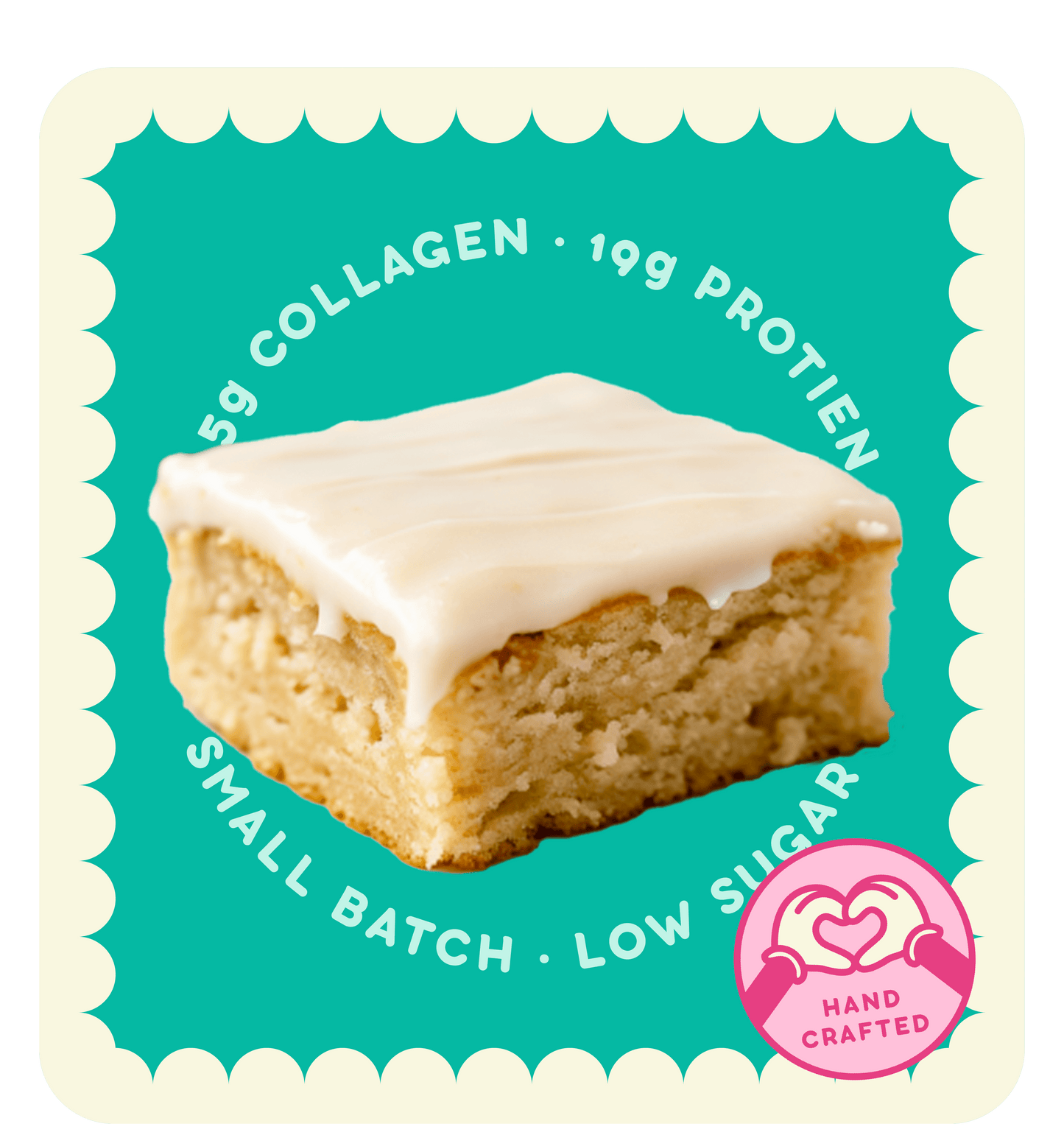 Glazed cinnamon roll blondie with 19g protein, crafted in small batches, low sugar, and topped with creamy glaze.