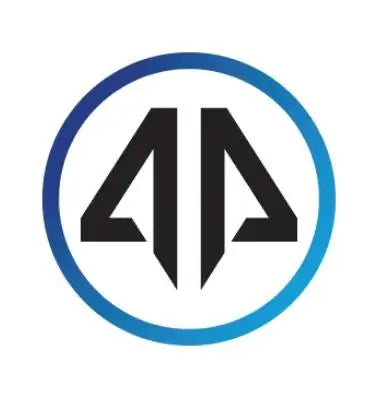 Logo design featuring a stylized 'AA' in black, encircled by a blue gradient edge.