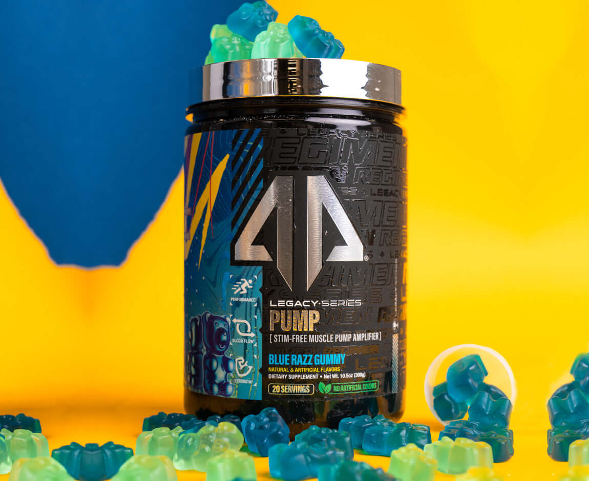 Pre-Workout supplement jar with Blue Razz gummy candies, set against a vibrant yellow background.