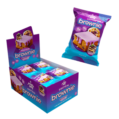 Protein brownies in a colorful box, highlighting convenience and nutritious snack options.