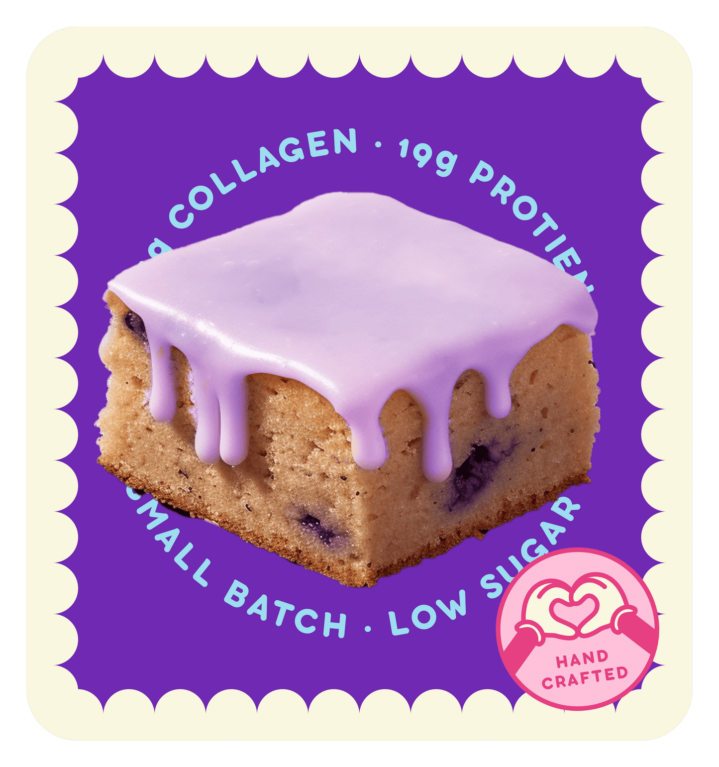 Delicious blueberry cobbler bite, handcrafted, low sugar, and packed with 19g protein and collagen.