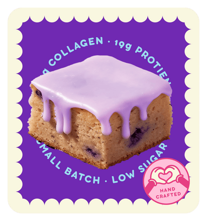 Delicious blueberry cobbler bite, handcrafted, low sugar, and packed with 19g protein and collagen.