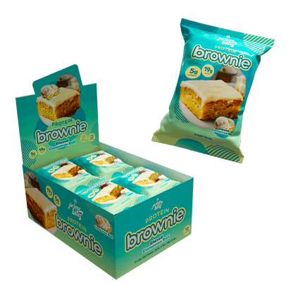 Protein brownie box with individually wrapped cinnamon roll flavored blondies, showcasing nutrition and deliciousness.