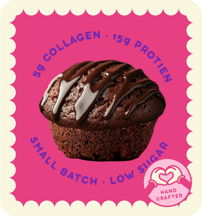 Chocolate Fudge Mini Muffin by Prime Bites featuring 5g collagen, 15g protein, and low sugar, handcrafted for guilt-free indulgence.