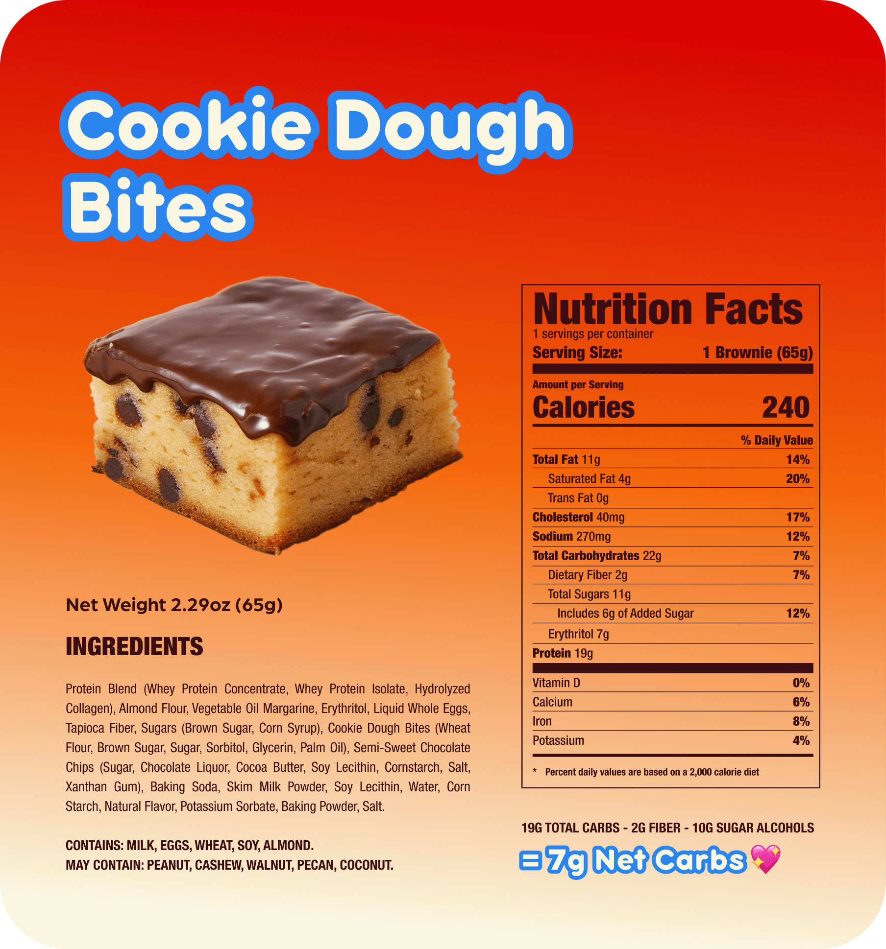 Cookie Dough Bites packaging featuring nutrition facts and ingredients list, highlighting protein and low net carbs.