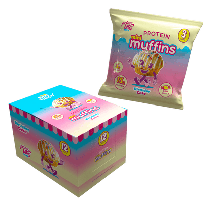 Prime Bites Birthday Cake Mini Muffins packaging, featuring 12 soft muffins with 15g protein and low sugar.