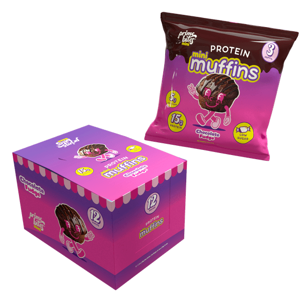 Prime Bites Chocolate Fudge Mini Muffins packaging, featuring protein-rich, low-sugar treats for a guilt-free snack.