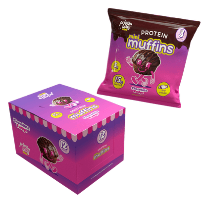 Prime Bites Chocolate Fudge Mini Muffins packaging, featuring protein-rich, low-sugar treats for a guilt-free snack.