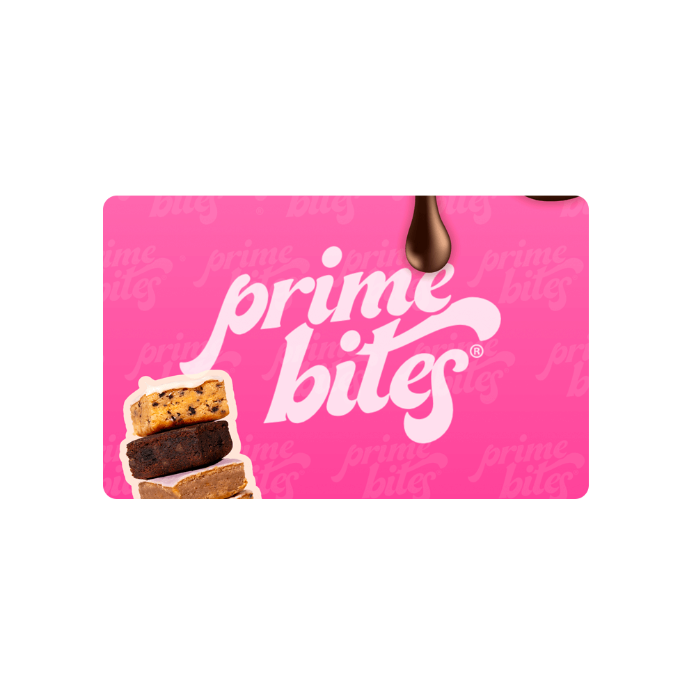 Prime Bites gift card featuring colorful logo and delicious treats for sweet gifting.