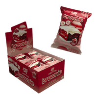 Open display box of 12 Prime Bites Red Velvet protein brownies with individually wrapped brownie packs and a single-pack pouch.