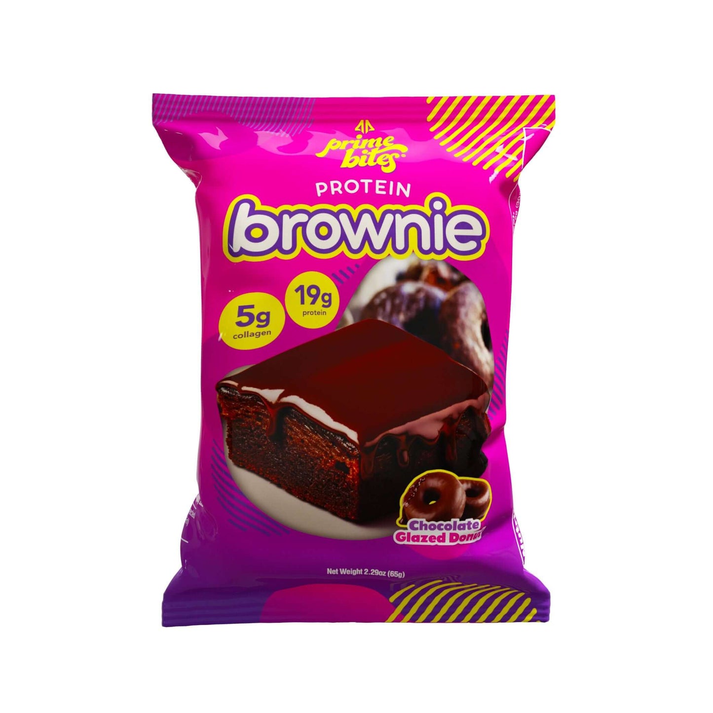 Chocolate Glazed Donut protein brownie by Prime Bites, loaded with 19g protein and 5g collagen for a delicious treat.